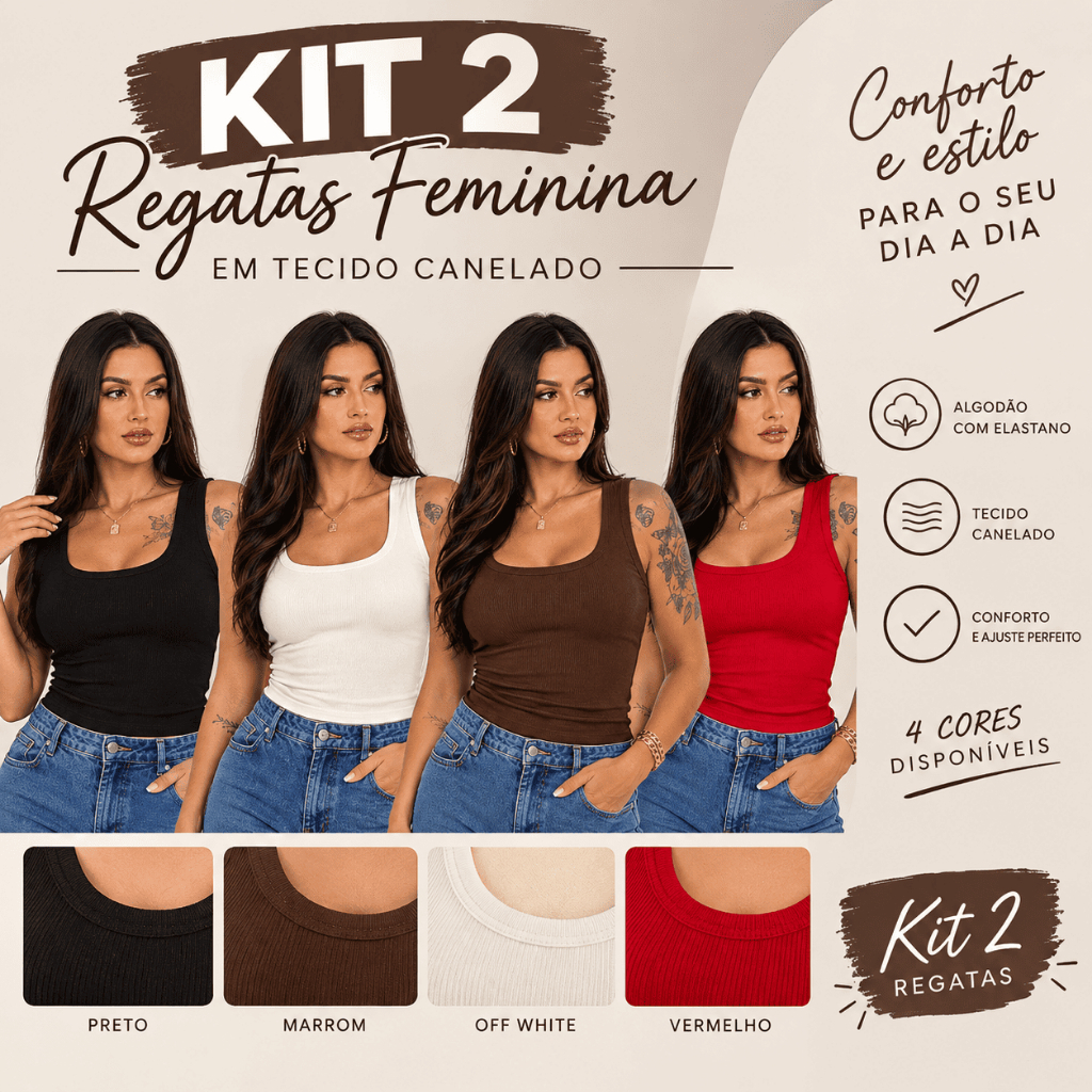 Regata kit Básica Ribana Canelada Algodão Elastano Premium Blusinha Feminina