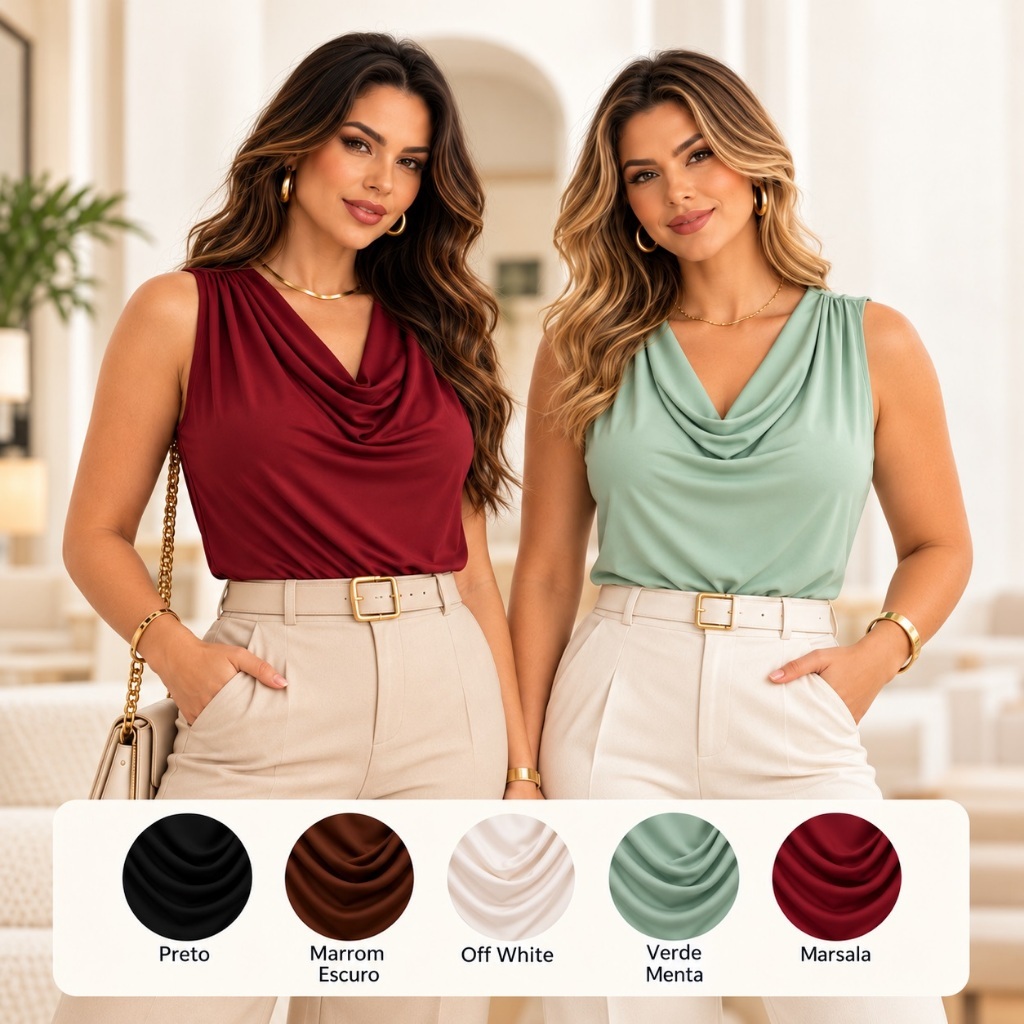 Blusa Regata Feminina Gola Boba Drapeada Elegante Social Casual Caimento Modelador Tendência Blogueira Moda Gringa