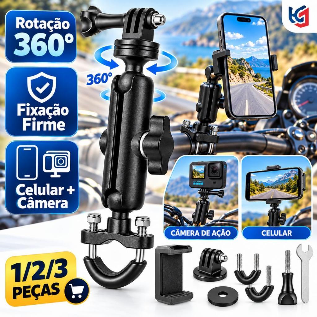 1/2/3pcs Suporte Barra Guidão Moto Bike 360° Celular e Câmera de Ação Gopro Fixação Firme Preto