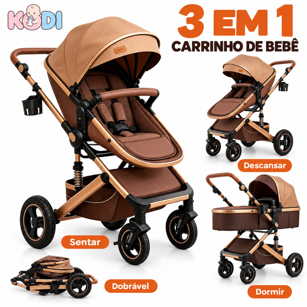 Carrinho de Bebê 3 em 1 Multifuncional Dobrável Reversível Confortável para Passeio KODI