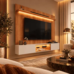 Painel com Rack Copa do Mundo Milano para TV até 70” com LED, Nicho Iluminado e Portas Basculantes