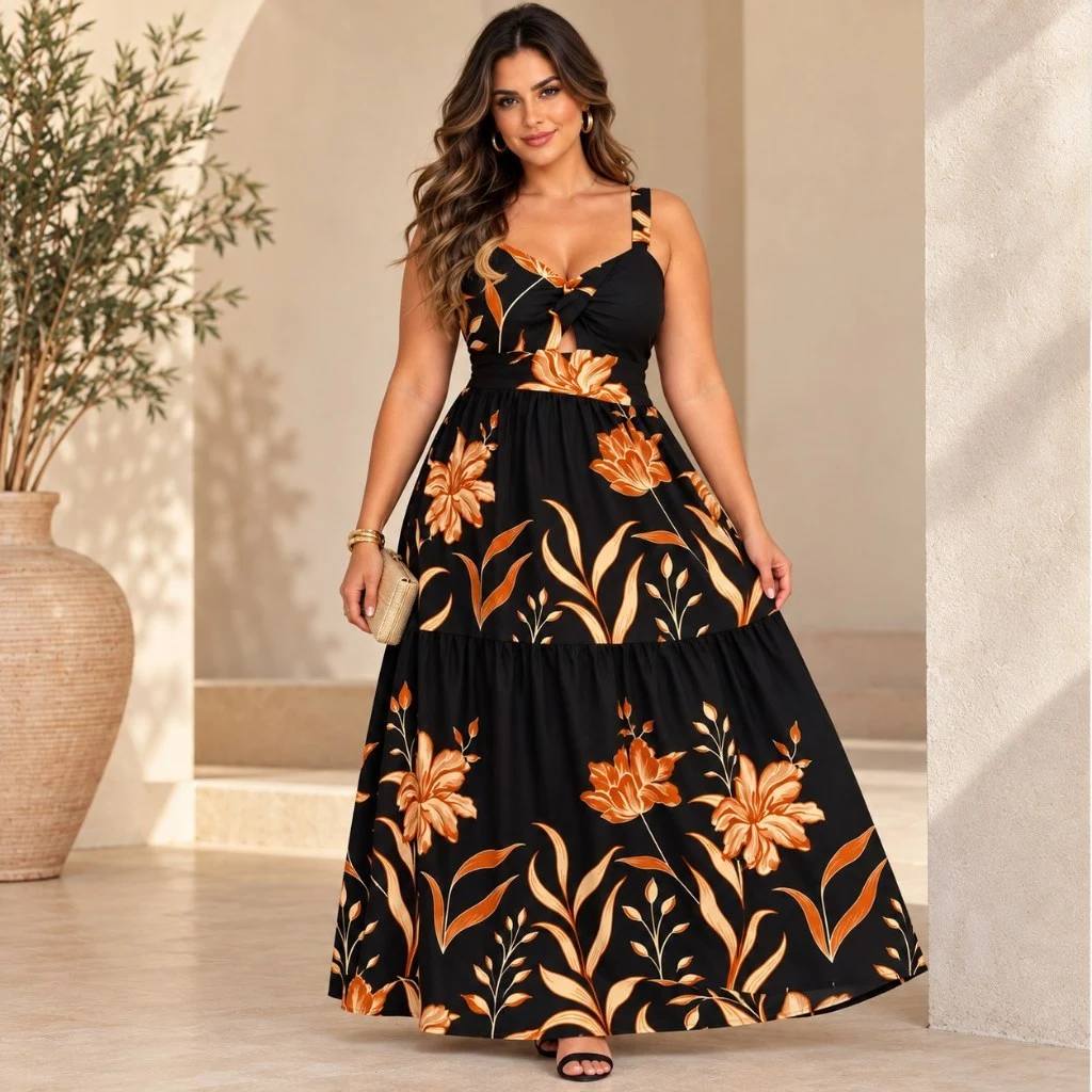 Vestido Longo Feminino Viscolinho Estampado Floral Busto Torcido Cintura Marcada com Alças Elegante Moda Verão — imagem 1