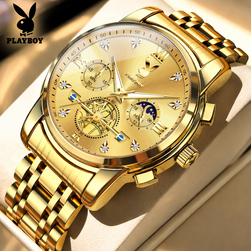 Playboy Relógio Masculino Luxo Aço Inoxidável Quartz 42mm À Prova D'água Frete Grátis 3139