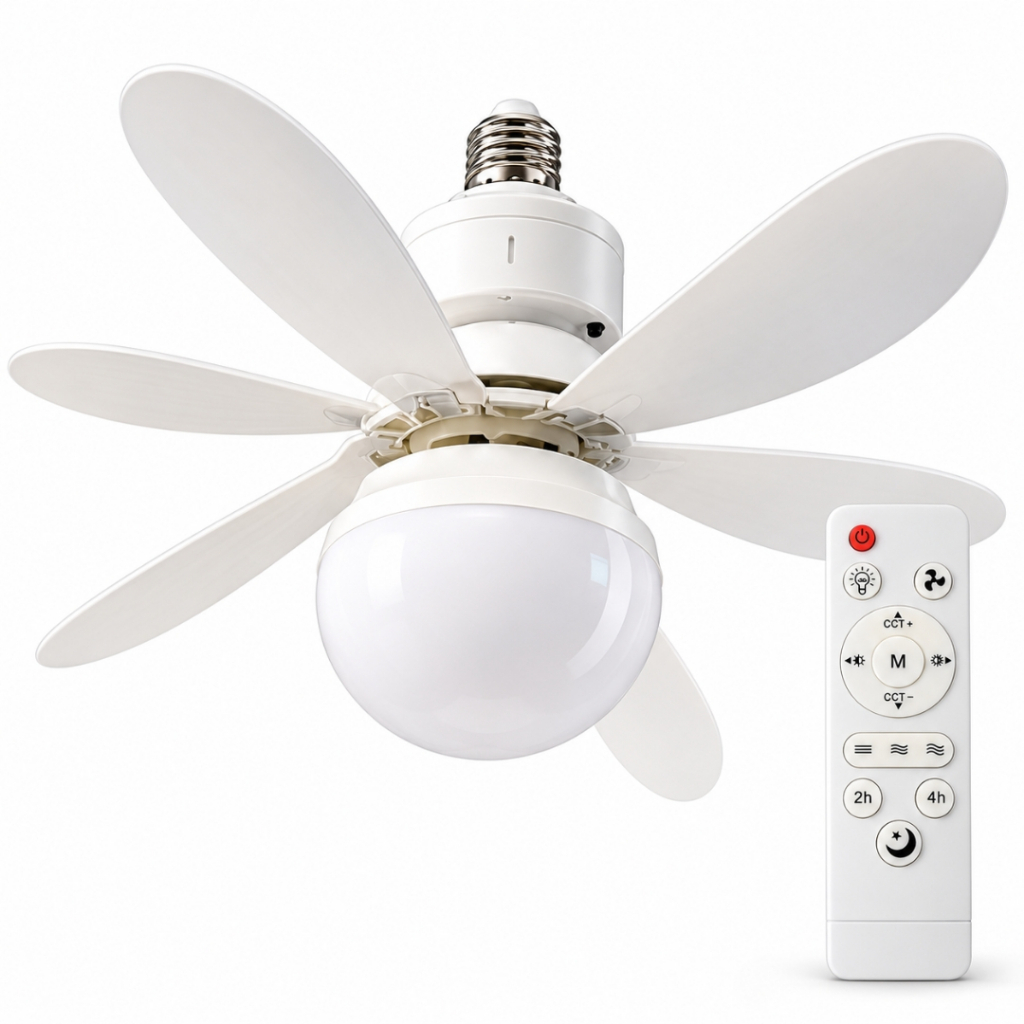 Ventilador de Teto com Controle Remoto Luminária LED 6 Pás 3 Cores de Luz Bivolt Soquete E27 Silencioso