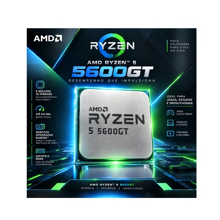 Processador Amd Ryzen 5 5600GT  6 Núcleos 12 Threads 3.6 GHz (Base) até 4.6 GHz (Turbo Máximo) Com Vídeo Integrado