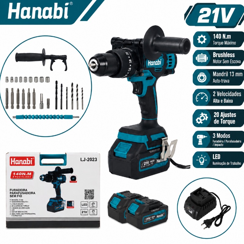 【Hanabi】Parafusadeira Furadeira de Impacto Brushless 4Ah 13mm 140Nm Sem Fio Madeira Metal Parede