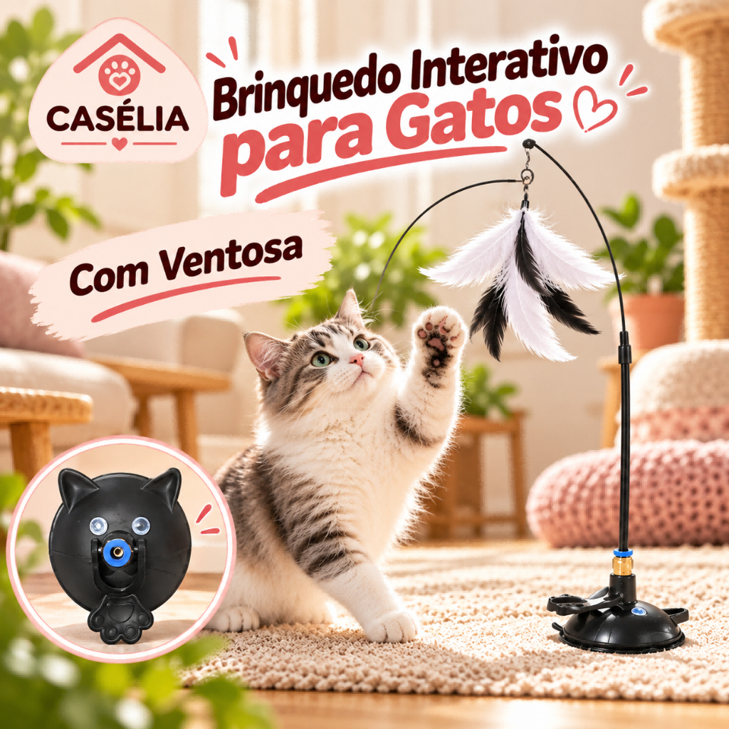 Brinquedo Interativo para Gatos Varinha com Penas e Ventosa Fixa no Chão Brinquedo para Gatos Adultos e Filhotes
