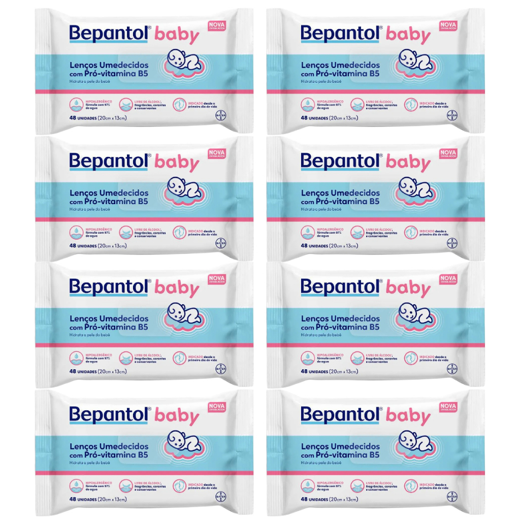 Kit 8un Lenços Umedecidos Bepantol Hipoalergênicos 48un cada - Total 384un. EQ.1