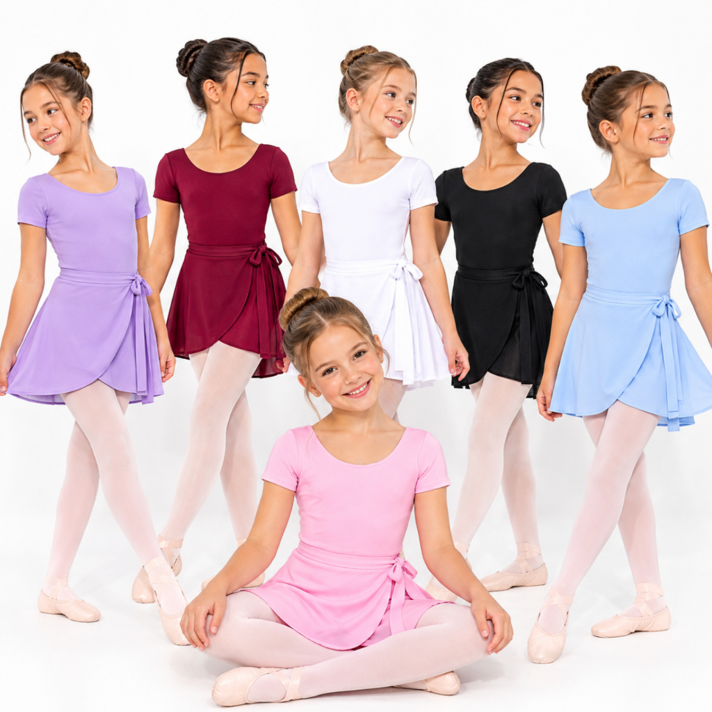 uniforme ballet rosa, preto , branco marçala, azul bebê, lilás  3 itens collant manga curta  +  saia transpassada, 4 à10
