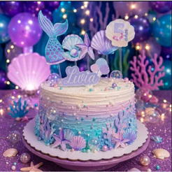 Topo de Bolo Sereia Personalizado Infantil | Tema Fundo do Mar com Conchas e Estrelas do Mar para Festa de Aniversário