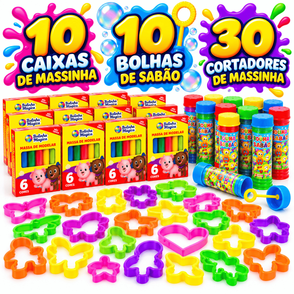 Kit 10 Caixas Massa de Modelar + 10 Bolha De Sabão + 30 Cortadores Festa Aniversario Prenda Criança