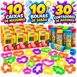 Kit 10 Caixas Massa de Modelar + 10 Bolha De Sabão + 30 Cortadores Festa Aniversario Prenda Criança