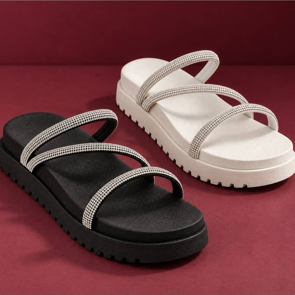 Papete Feminina Strass Brilhante Plataforma Tratorada Sandália Rasteira Confortável Moda Feminina