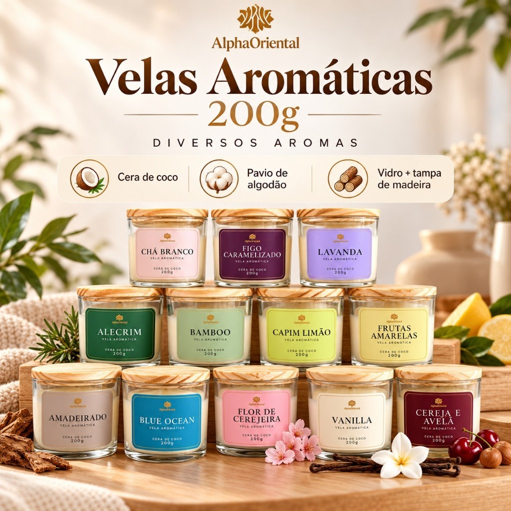 Vela aromática artesanal PREMIUM 200/100G Presente Lembrancinha - Vários Aromas - Com especiarias e tampa de madeira