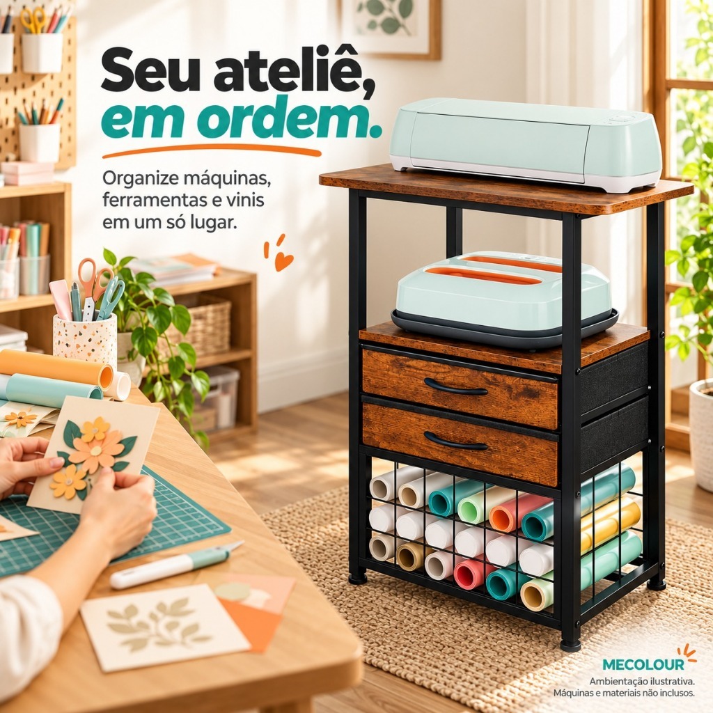 Organizador MECOLOUR p/ Cricut: 18 Rolos Vinil, 2 Gavetas e Acessórios. Ideal Artesanato - Marrom Rústico — imagem 2 de 3