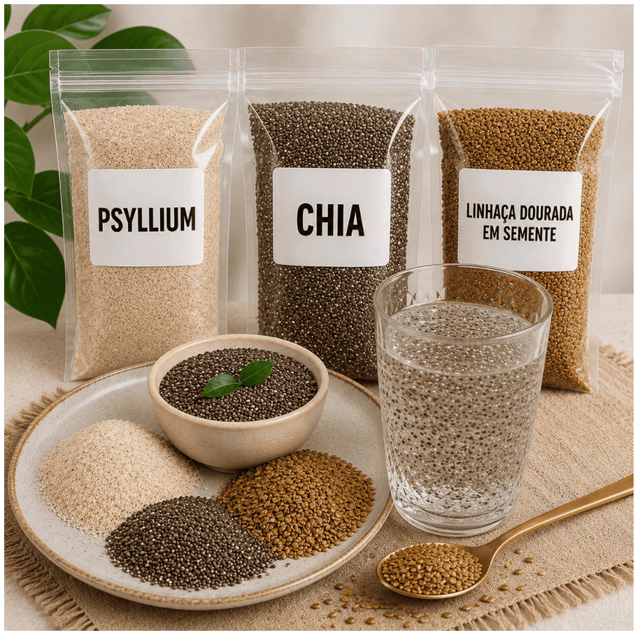 Kit Mix de Sementes Chia + Linhaça + Psyllium Fibras Low Carb Total 750g