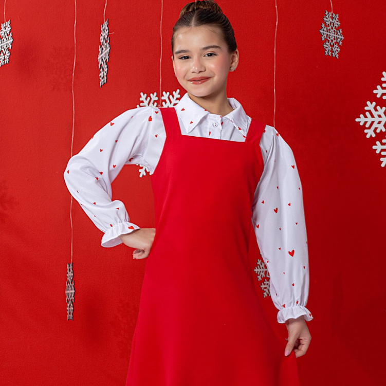 Vestido Salopete Infantil Menina Juvenil + Blusa Cojunto  Natalino Natal Evangelico Vermelho