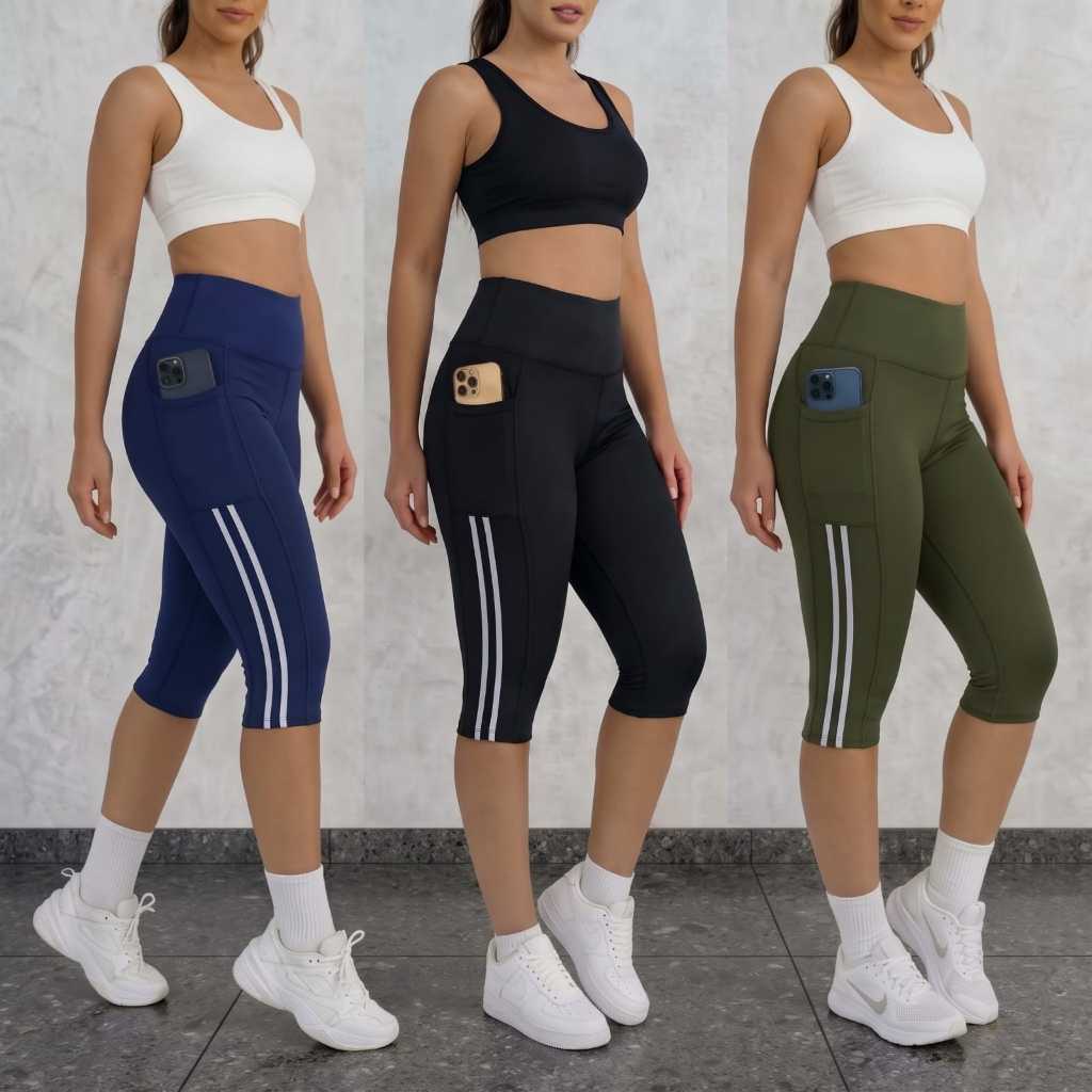 Calça Feminina Corsário Capri Legging Com Listras Laterais/ 1 Bolso Lateral/Modeladora Não Marca