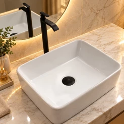 Kit Cuba de Apoio Retangular Louça Banheiro Torneira Cascata Preta