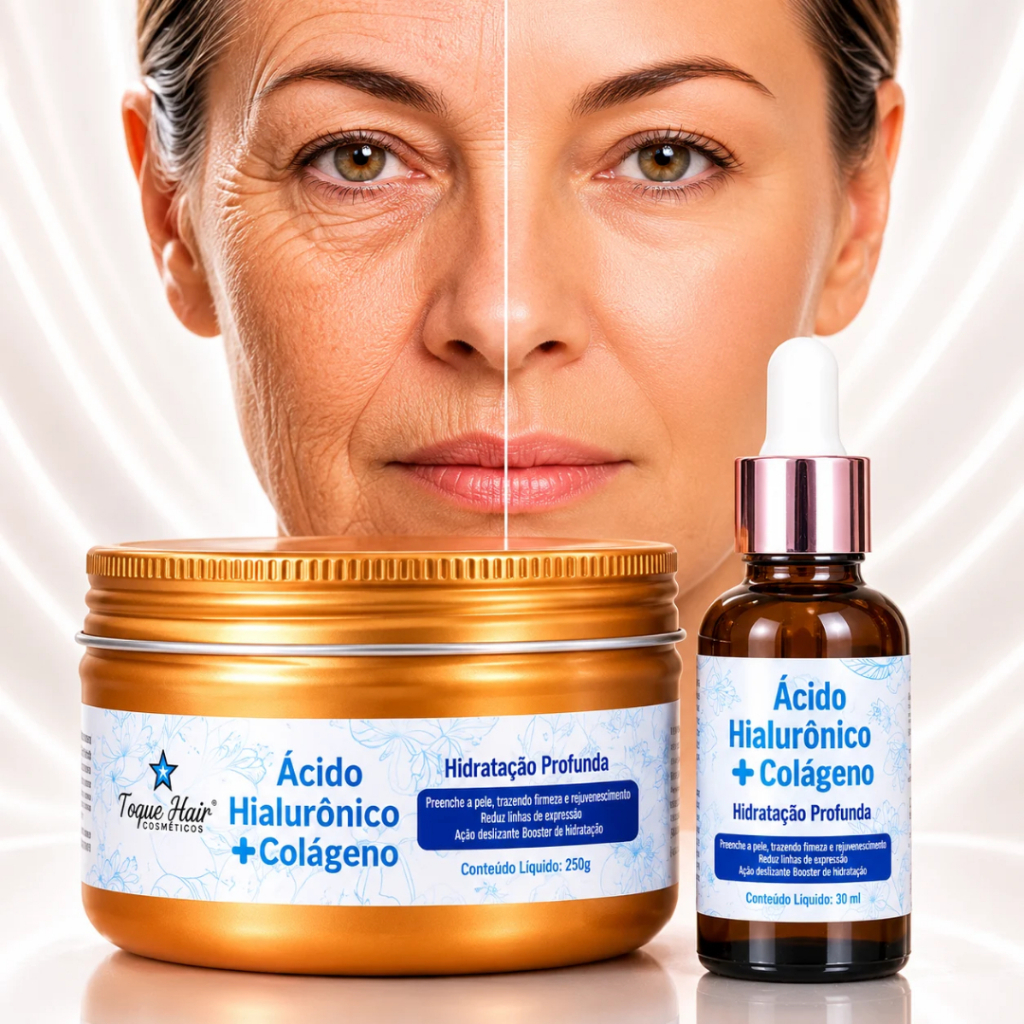 Kit creme acido hialuronico com colágeno + Sérum facial Anti Rugas Linha de Expressão Hidrata Profundamente