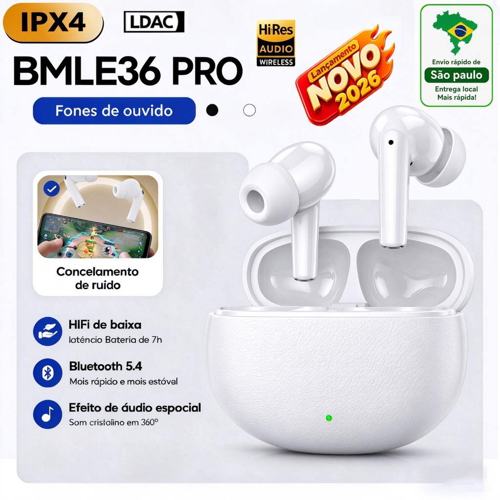 BML Fone sem fio bluetooth E36 Baixa Latência, Hi-Fi 9D, cancelamento de ruído ANC e IPX5-FoneBateria de 7h