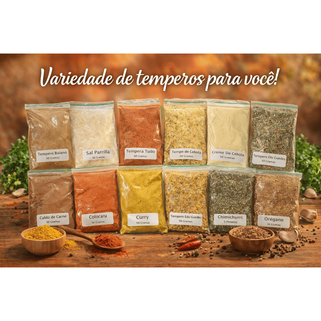 Kit 2 de Temperos Premium com 10 unidades (sendo um total de 520 gramas) e ganha de Brinde 1 pacotinho de Sal Parrilha