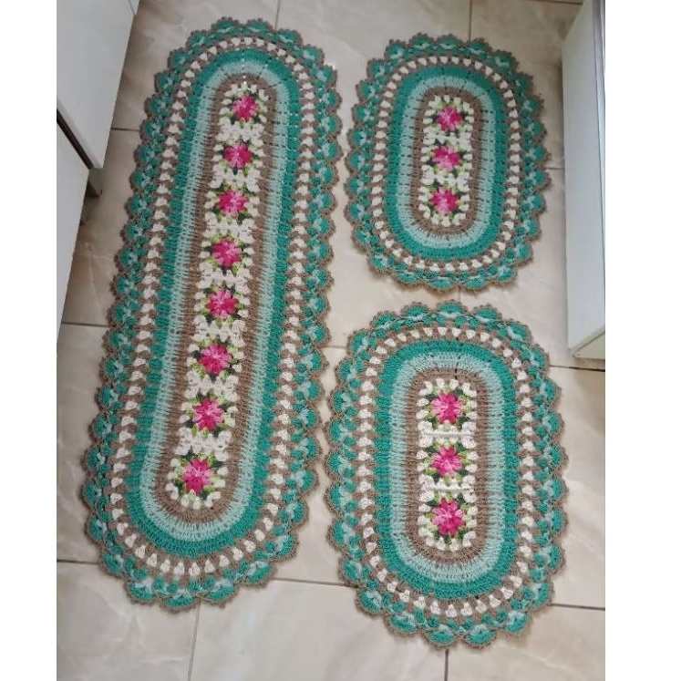 Jogo de cozinha ou passadeira de quarto de crochê/tapete Mary oval/ passadeira de quarto de crochê 3 peças