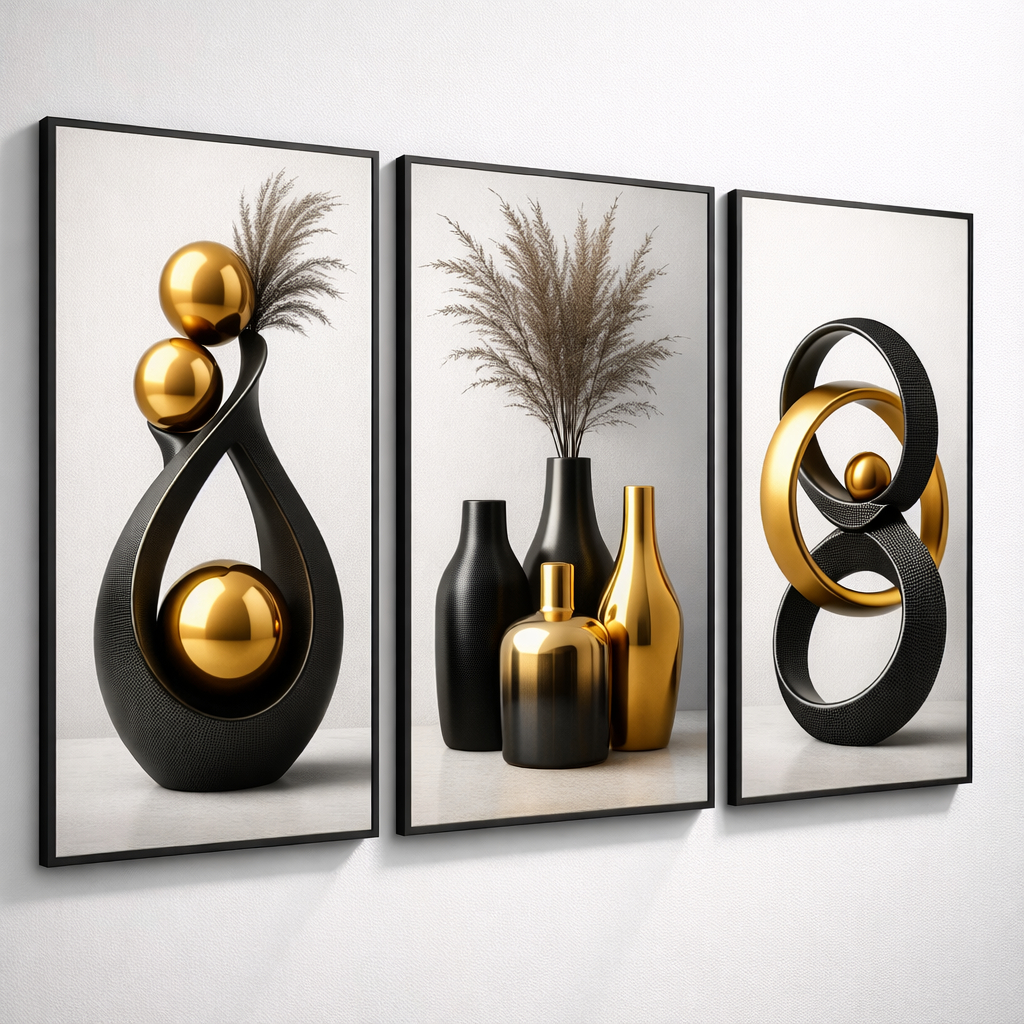 Quadros Decorativos Modernos Preto e Dourado Kit 3 Peças Sala Quarto Luxo Minimalista Esculturas Abstratas Parede 3D