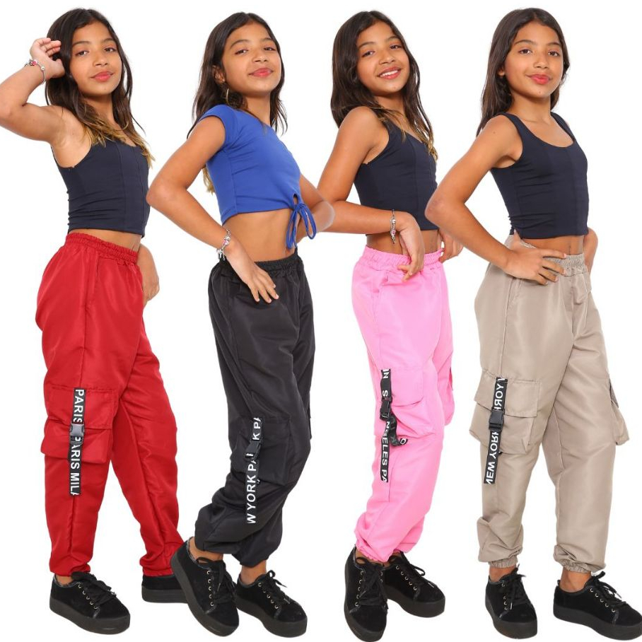 PROMOÇAO Calça Infantil Feminina Para Meninas Estilosas Calça Jogger Cargo 4 Bolso Tecido Tactel Moda Crianças