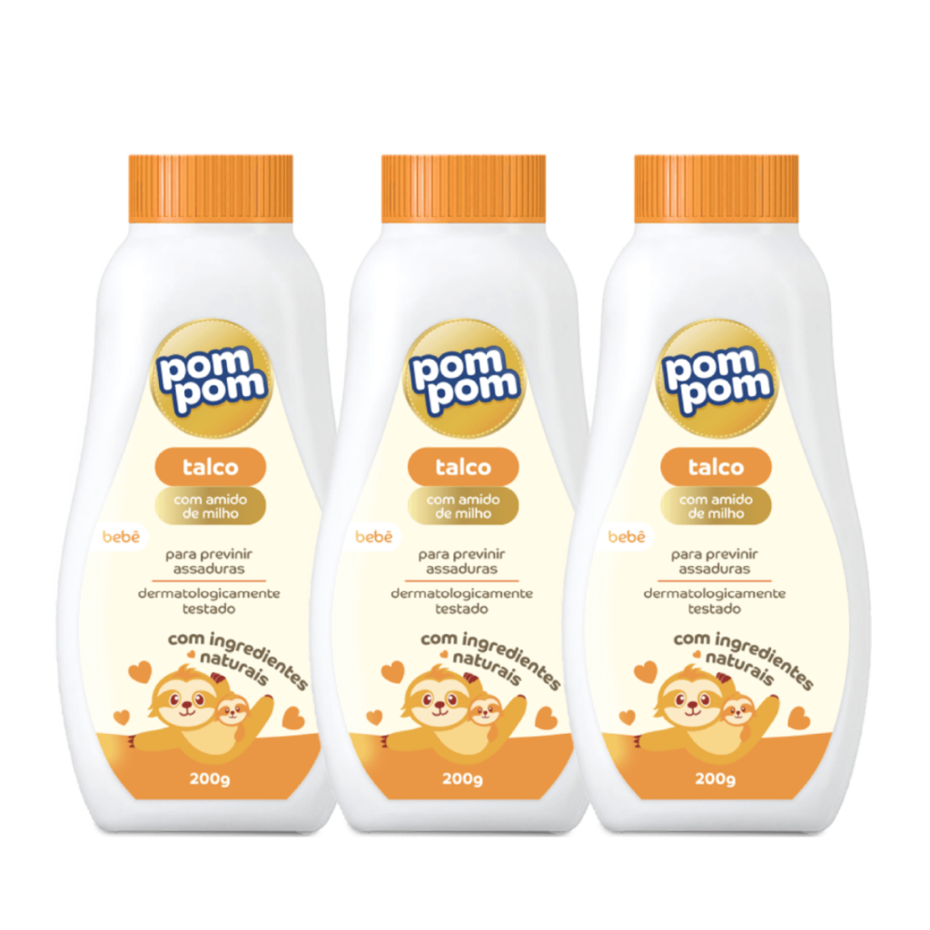 Kit com 3 Talcos Infantil Pom Pom 200g - Proteção e Maciez com Amido de Milho
