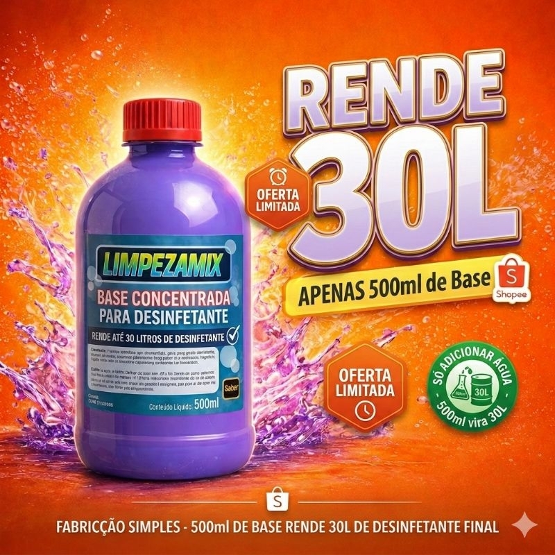 ​Base Desinfetante Concentrada 500ml Rende 30 Litros Profissional Limpeza Mix