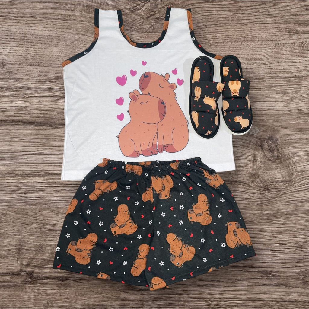 Kit 1 short doll regata infantil + pantufa verao personagens blogueira capivara de dormir pijama feminino