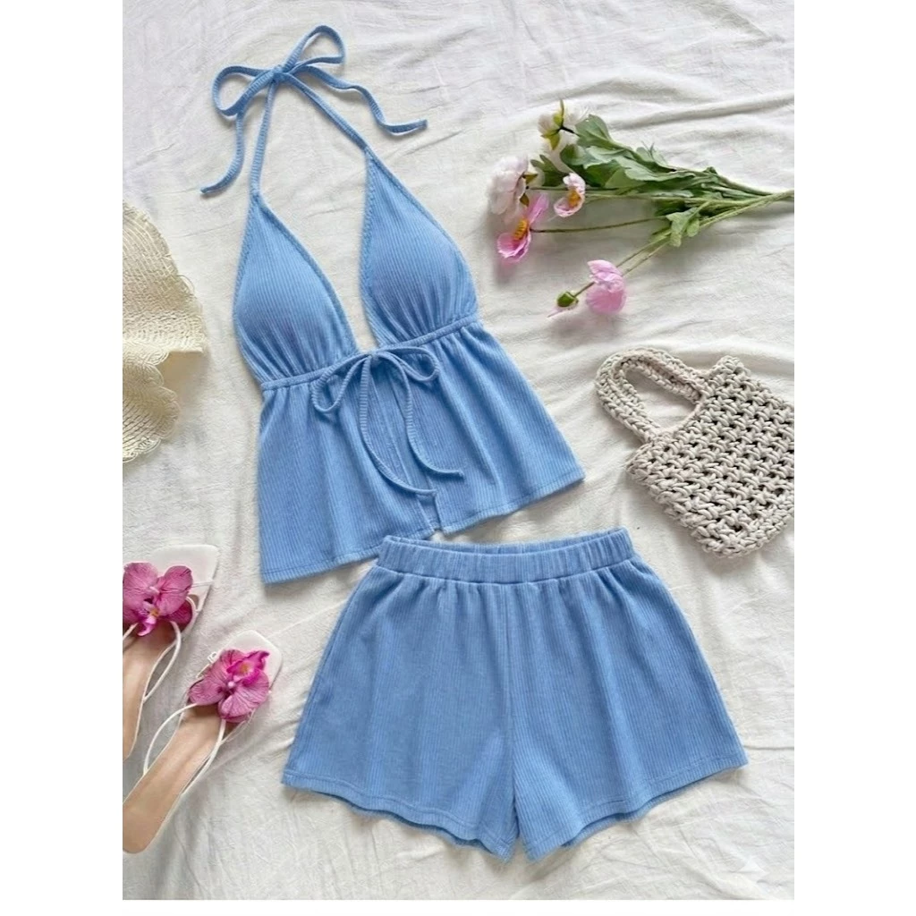 Conjunto Feminino Lisa Blusinha Amarração + Short Curto Soltinho Ribana Moderno Estiloso Moda Verão — imagem 1