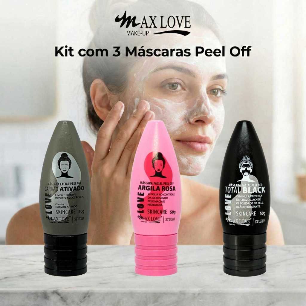 Kit com 3 Máscaras Peel Off - Carvão Ativado, Total Black, Argila Rosa Max Love
