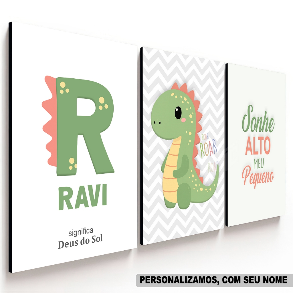 Kit 3 Quadros Decorativos Infantil Personalizado Nome Bebê Para Quarto Ou Porta Maternidade Dinossauro
