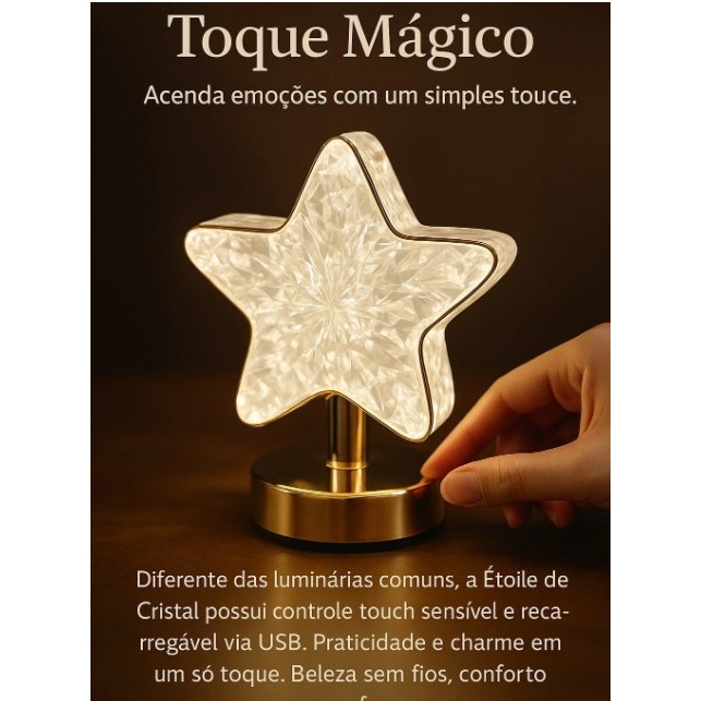 Luminaria Abajur Luminária Cabeceira Quarto Iluminação Estrela Cristal Led Touch Recarregável