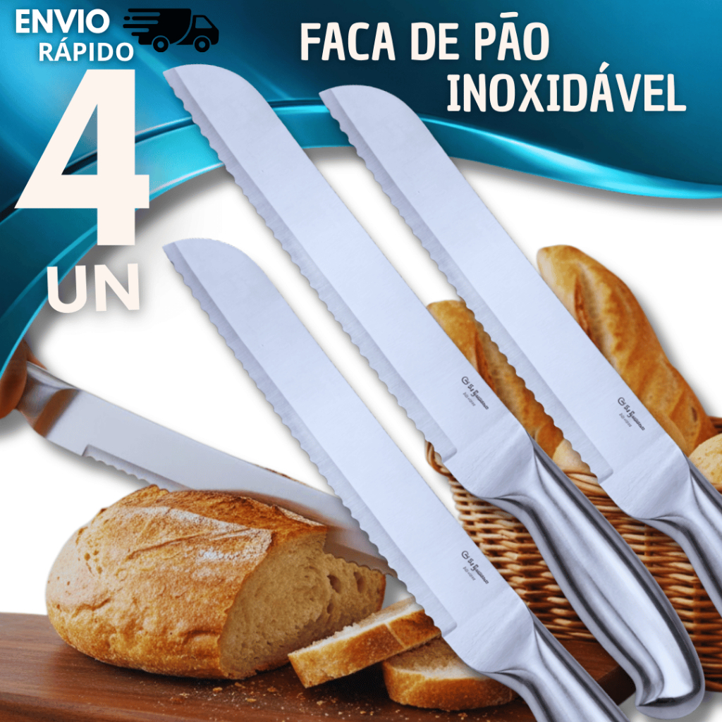Conjunto Facas Pão Serrilhada Toda Inox 8" Pão Bolo Torta Cucas Cabo Aço Inox Escovado Utensílios Faca