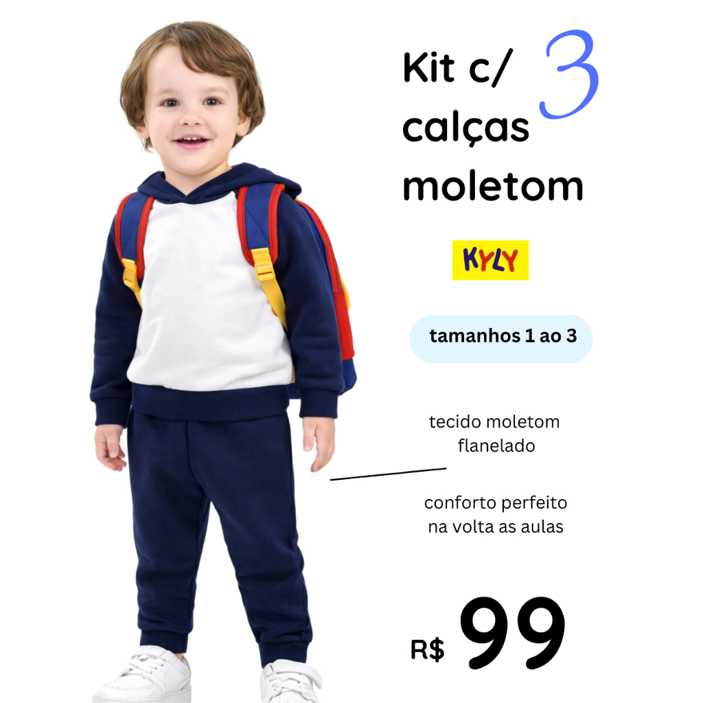 Kit com 3 calças infantis unissex moletom flanelado com punho original Kyly tamanho 1 ao 3 137036