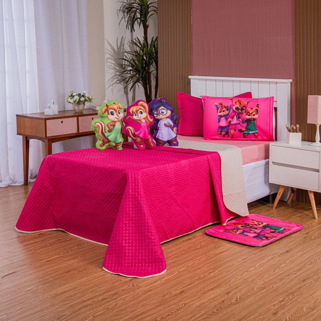 Kit Cobre Leito Infantil Esquiletes Completo - Jogo de Cama Menina Rosa com Almofadas Personagens