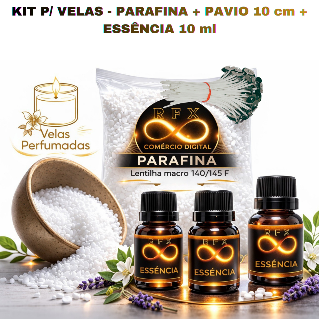 Kit parafina 1 kg + essência 10 ml + 50 pavio de algodão l kit para fazer velas artesanais em Oferta na Shopee