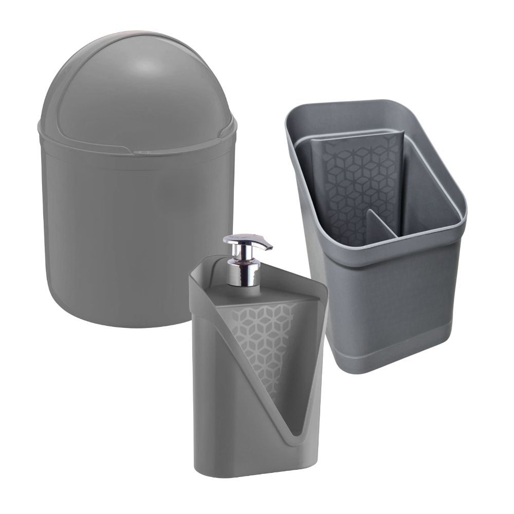 Kit 2/3 Peças Lixeira 4L, Dispenser Click Detergente 500ml, Escorredor de Talheres Slim Pia Cozinha/Kit 2 Peças