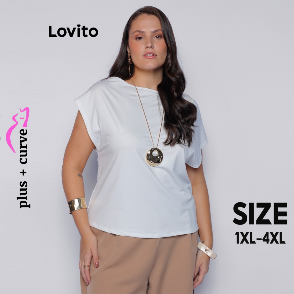 Lovito Blusa Casual Feminina Plus Size Gola Canoa Moda BRTSB800BRL830 em Oferta na Shopee