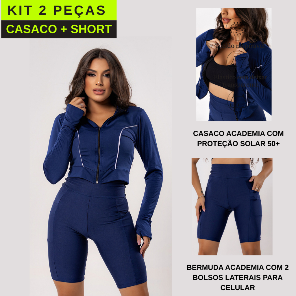 Kit Conjunto Fitness Feminino Roupa Academia Bermuda Ciclista + Blusa Cropped Manga Longa Proteção Solar UV50+ Verão
