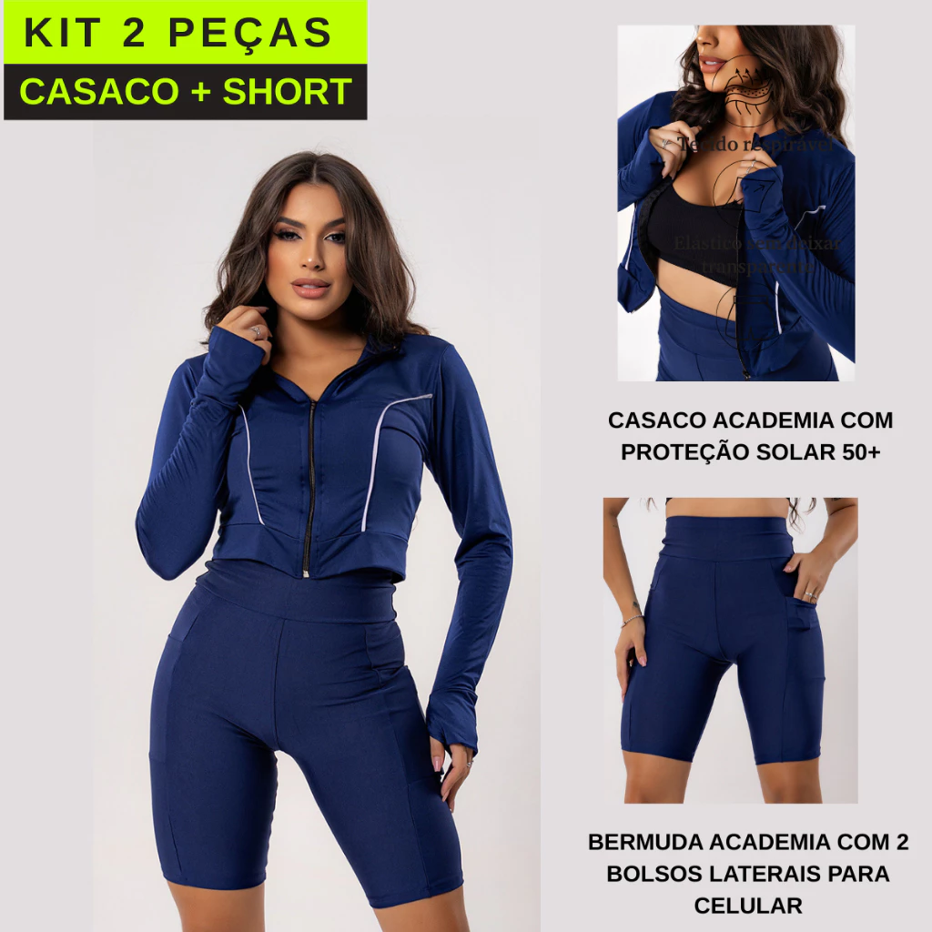 Kit Conjunto Fitness Feminino Roupa Academia Bermuda Ciclista + Blusa Cropped Manga Longa Proteção Solar UV50+ Verão — imagem 1