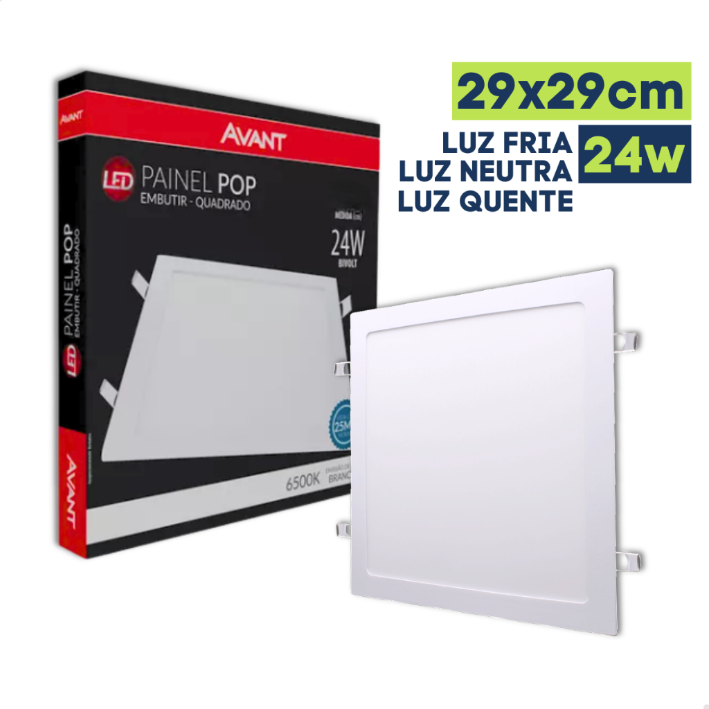 Painel Plafon 24W Quadrado Embutir Led 6500K Branco Frio Alta Luminosidade Avant Solara em Oferta na Shopee