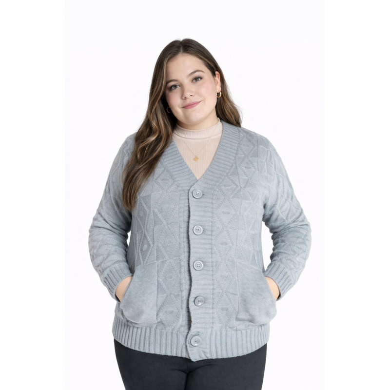 Blusa Tricô Trabalhado com Bolsos e Bolsos Plus Size feminina Casual e Fofo Tecido tipo lã Botão Malhado