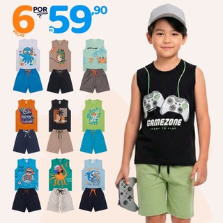 Kit 6 Peças de Conjunto Regata para Meninos - 3 Regatas e 3 Bermudas, Tamanhos Disponívei…