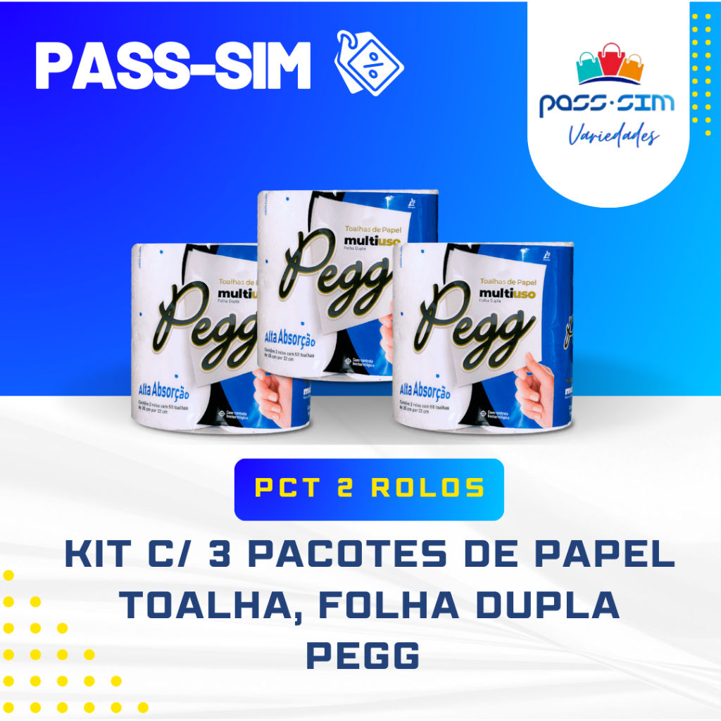 KIT C/ 3 PCT - PAPEL TOALHA COZINHA, FOLHA DUPLA, PCT 2 ROLOS - PEGG
