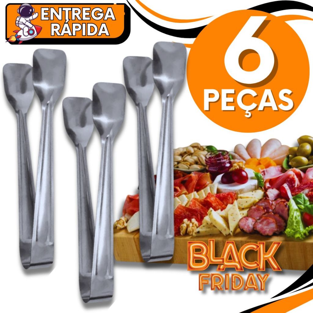 KIT JOGO 6 Pinça Pegador de Frios Salada Petisco Gelo Doce   Aço Inox Multiuso Cozinha Restaurante Confeitaria