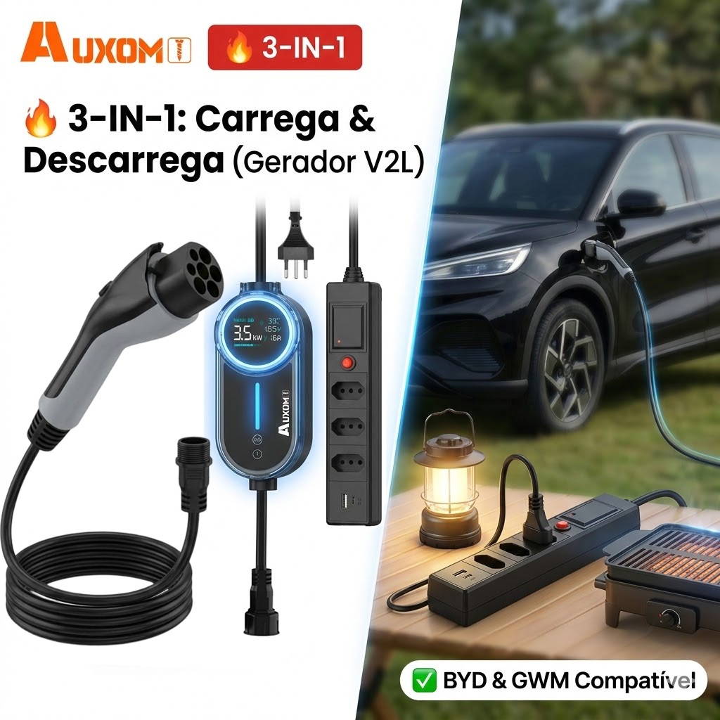 AUXOM Carregador Portátil & V2L 3.5kW 3em1 para BYD Dolphin/GWM - Transforma Carro em Gerador